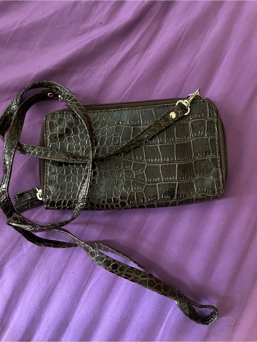 Croc-Embossed Black Wristlet Crossbody